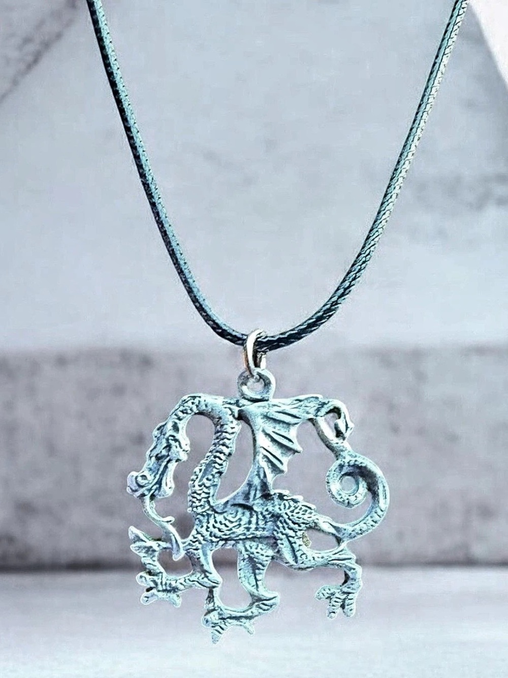 Intricate Silver Dragon Pendant Necklace with Black Cord